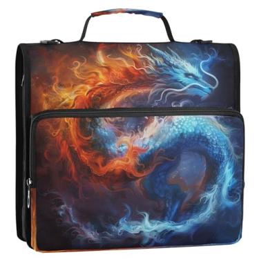 Imagem de Caikeny Fichário de 3 anéis com zíper fantasia dragão de fogo no gelo bolsa para fichários de 3,8 cm azul vermelho com alça de ombro e bolsos expansíveis para arquivo