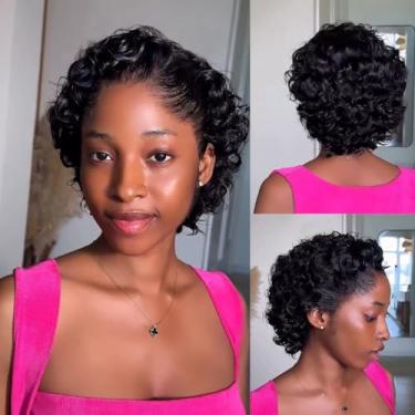 Imagem de Msviki Peruca De Cabelo Humano Com Corte Pixie De Densidade 180 13X1 Uhd Lace 6 Polegadas Curta Cacheada Pré-Arrancada Com Cabelo De Bebê E Perucas Bob Sem Cola Para Mulheres Negras