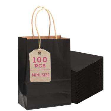 Imagem de Bakepacker 100 peças de mini sacos de presente de papel pretos com alças 15,2 x 11,4 x 6,3 cm, sacos de lembrancinha de festa Kraft, vários usos (tamanho pequeno)