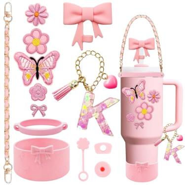 Imagem de XIANGYUAN Conjunto de acessórios de copo rosa de 14 peças para copo Stanley Cup de 850 g 1,134 g com alça, inclui alça, decoração de arco de palha, capa de palha, bota, tampas à prova de derramamento