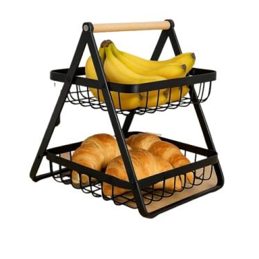 Imagem de Fruteira de Mesa 2 Andares Ferro e Bambu para Café da Manhã Multiuso de Metal Preto Cesto Organizdor(PRETO DUPLA TAM.P 22X14 CM)