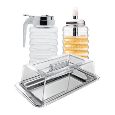 Imagem de Kit Pote de Vidro + Açucareiro com Bico Dosador + Manteigueira Tampa Acrílica Euro