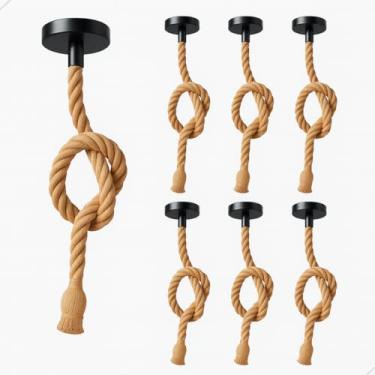 Imagem de Kit 7 Pendentes Luminária de Corda Sisal 1 Metro Estilo Retrô Vintage Rústico E27 Bivolt 127v e 220v para Área Interna