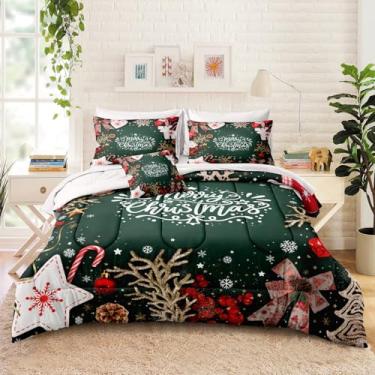 Imagem de Herside Conjunto de edredom Queen com estampa de árvore de Natal e floco de neve, decoração de quarto de Natal com edredom, fronha, lençol de cima, lençol com elástico e capa de almofada, 8 peças para