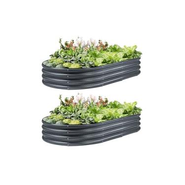 Imagem de Pacote com 2 camas de jardim arredondadas de 10 x 5 x 3 m, canteiros elevados galvanizados para vegetais, flores e ervas ao ar livre, canteiros de jardim elevados de metal resistente, resistente à