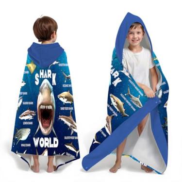 Imagem de Neapth Shark World Toalha de praia com capuz para meninos, 76 cm x 127 cm, poncho infantil com tema oceano, toalha de banho para crianças, azul escuro, absorvente macio com capuz para 3 a 10 anos
