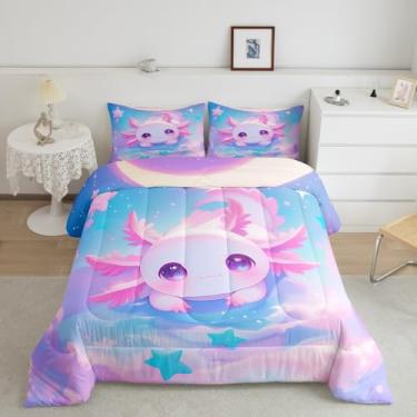 Imagem de Feelyou Lindo conjunto de edredom Axolotl tamanho solteiro Axolote conjunto de edredom com tema animal, 2 peças para decoração de quarto de crianças e adolescentes, conjunto de edredom macio romântico