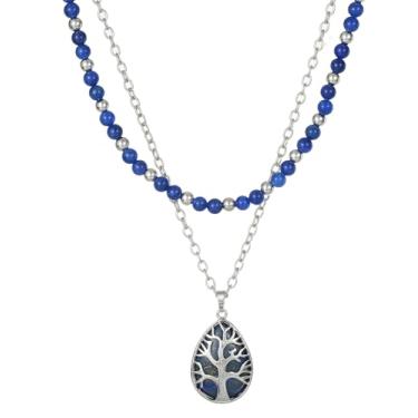 Imagem de Jules D. Colar com pingente de árvore da vida de pedra criada, boêmio, feito à mão, várias camadas, semipedras preciosas, para mulheres, boêmio, estilo ocidental, joias para mãe, Standard, Prata Prata