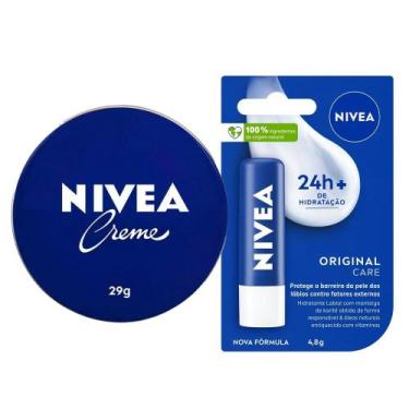 Imagem de Kit Nivea Care Creme Hidratante Latinha Azul 29g + Hidratante Labial 4