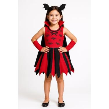 Imagem de Fantasia Infantil Vampira Drácula Criança Halloween Vestido Roupa (Vermelho, G (veste 7 a 8 anos))