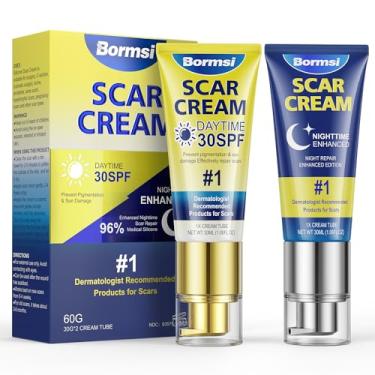 Imagem de BORMSI Creme para cicatrizes, protetor solar FPS 30 e gel intensivo de silicone para cicatrizes noturnas reduz a aparência de cicatrizes de cicatrizes cirúrgicas, estrias, queloide, 2 tubos, 50 g/tubo