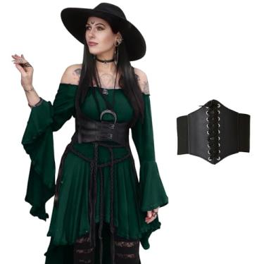 Imagem de BITSEACOCO Vestido feminino de ombro de fora gótico bruxa alto e baixo vitoriano medieval vestido de fada cosplay fantasias de Halloween, Verde, Large