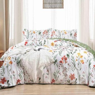 Imagem de Conjunto de edredom Faincy King Size branco amarelo com estampa floral
