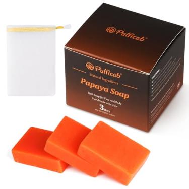 Imagem de PALFICAB Sabonete natural com mamão, manteiga de karité, azeite de oliva, sabonete hidratante artesanal para pele seca, esfoliante suave e nutritivo para a pele, com rede de armazenamento amarela, 300