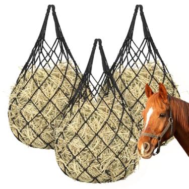 Imagem de YedsIntu 3 sacos de feno para cavalos, redes de feno para cavalos, cabras, ovelhas, alimentador de feno de cabra para alimentação mais lenta, saco de feno de suporte de carga forte pendurado para