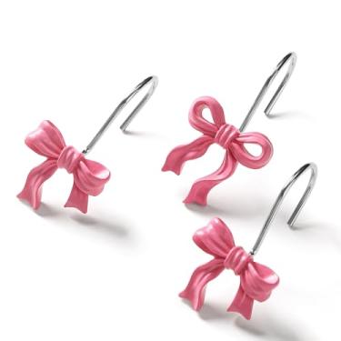 Imagem de Litabel 12 peças de ganchos de cortina de chuveiro com laço fofo, anéis decorativos de cortina de chuveiro com laço rosa, ganchos de cortina de resina à prova de ferrugem de metal para meninas