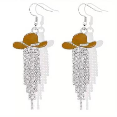 Imagem de LKingel Brincos femininos de chapéu de caubói com strass e borla de strass boho, brincos de caubói, botas de caubói, brincos de bota de caubói country concerto roupas de rodeio joias presente, Metal