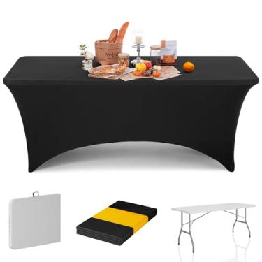 Imagem de Mesa dobrável de 1,8 m com toalha de mesa preta interna, mesa dobrável com mesa de HDPE, travas de segurança, fácil de transportar e armazenar, mesa de acampamento ao ar livre sem montagem para jantar