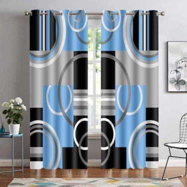 Imagem de Cortinas blecaute geométricas azul-claro para quarto, cortina de escurecimento de ambiente xadrez abstrata moderna cinza branco e cinza para sala de estar, 2 painéis, comprimento de 132 x 213 cm