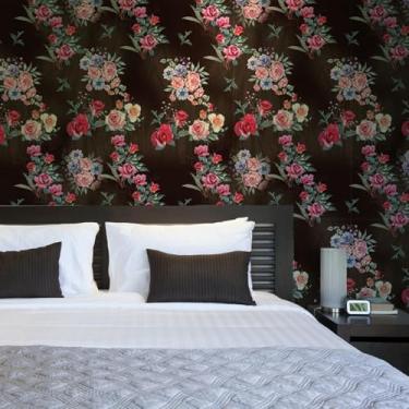 Imagem de ESSMOKO Papel de parede colorido planta flor hidrosol papel de parede sala de estar quarto escritório fundo decorativo adesivo de parede rosa 45 * 600 cm