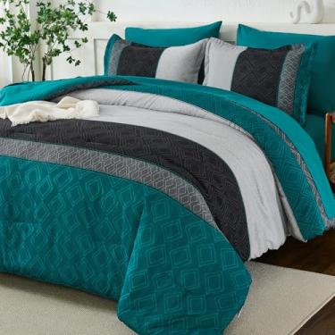 Imagem de Dinjoy Jogo de cama queen boêmio, azul-petróleo, cama em uma bolsa, tamanho Queen, listrado, quente, azul-petróleo, xadrez, conjunto de edredom de outono com lençol para família em todas as estações