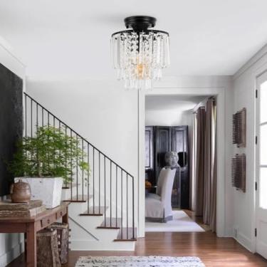 Imagem de Luminária de teto de cristal moderna, lustre de cristal semi-embutido pequeno preto, decoração moderna