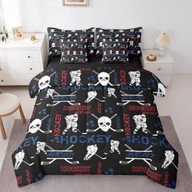 Imagem de Erosebridal Jogo de cama King moderno de hóquei no gelo, 7 peças, para crianças, meninos, meninas, adolescentes, esportes de inverno, jogo de cama em uma bolsa, para eventos esportivos modernos com