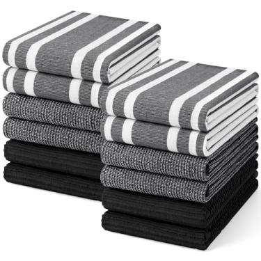Imagem de Homaxy Toalhas de cozinha premium (45,7 cm x 71,1 cm, pacote com 12), toalhas de mão de cozinha grandes de algodão 380 GSM, toalhas de prato macias e absorventes, conjunto de toalhas de chá multiuso