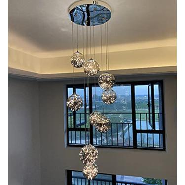 Imagem de Lustre LED para escada moderna, luzes altas suspensas em villa, design minimalista para escadas e sala de estar, luz pendente de bola cinza (10 bolas)