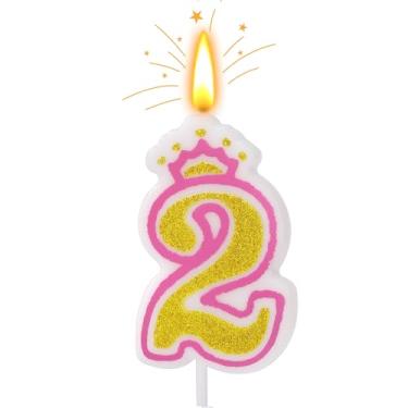 Imagem de Velas número de aniversário, número 2 velas douradas rosa para bolo, topo de bolo de vela com lantejoulas para suprimentos de comemorações de aniversário (número 2)