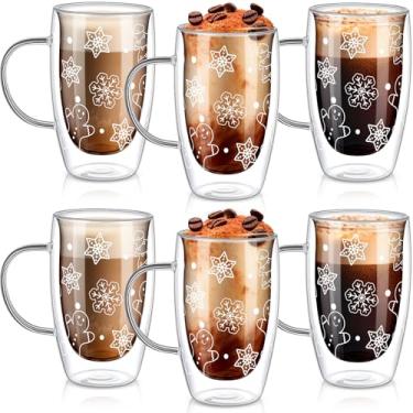 Imagem de Sliner Pacote com 6 canecas de café de vidro de parede dupla Gingerbread Man com alça 425 g Copos isolados transparentes canecas de férias de inverno para cappuccino latte saquinho de chá expresso