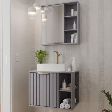 Imagem de Gabinete Suspenso Banheiro Noruega 60cm com Cuba e Espelheira Treviso Platina