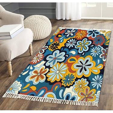 Imagem de Tapete de área com borla, floral, psicodélico, hippie, sem costura, nostálgico, retrô, flores, anos 60, com franja, tapete para pátio, corredor, minimalista, decoração de casa, sala de estar, quarto