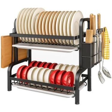 Imagem de Escorredor de Louça 16 Pratos C/ Bandeja Coletora Preto 2 Andares Cozi