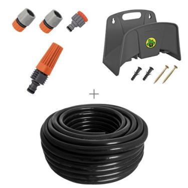 Imagem de Kit mangueira siliconada para jardim preta 30m com esguicho e engate r