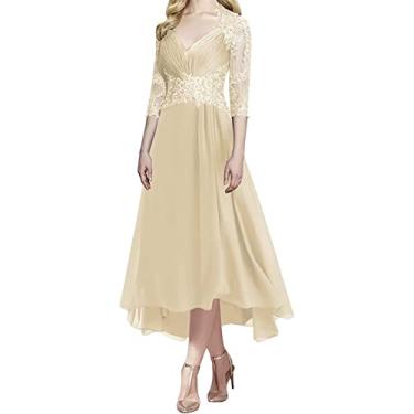 Imagem de Vestidos Mãe da Noiva Comprimento Chá para Casamento Plus Size Mãe do Noivo Vestido com Mangas, Champanhe, 26