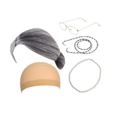 Imagem de oshhni Conjunto de fantasia de senhora idosa, peruca de vovó fácil de usar, colar realista, peruca, boné, óculos de vovó para baile de máscaras, festa de fim, Preto Cinza Liso