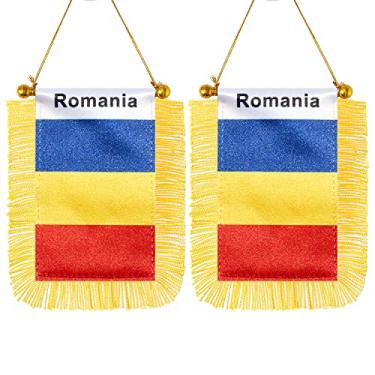 Imagem de CANTENDO Pacote com 2 bandeiras para pendurar na janela da Romênia, mini bandeira de carro de pessoas romenas com mastro borla ventosa decoração de espelho retrovisor (7 x 12 cm)
