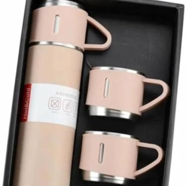 Imagem de Garrafa Térmica Aço Inox 500ml com 2 Canecas - Tecnologia a Váuco para Quente e Gelado - Kit Rosa