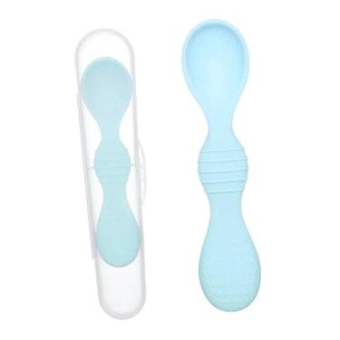 Imagem de Naroote Colher de Treinamento para Bebês, Colher de Silicone para Dentição, Alimentação Automática, Segura para Crianças Pequenas, Almoço (Azul)