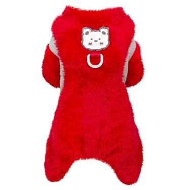 Imagem de Izefia Suéter de cachorro roupas roupas de lã suéter de lã macacão inverno quente moletom 4 pernas pijama colorido bloqueado suéter fofo para cães pequenos gato médio vermelho M