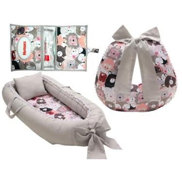Imagem de Kit Bebê 3 Peças, Almofada de Amamentação, Ninho Redutor de Berço, Porta Fralda, Rosa para Menina (Bichos Selva)
