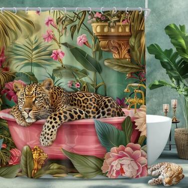 Imagem de Cinbloo Cortina de chuveiro leopardo 60Lx72H Vintage Rosa Choque Vida Selvagem na Banheira Selva Animal Retro Tropical Peônia Folhas Planta Conjunto de Cortina de Banheiro Moderno Acessórios de