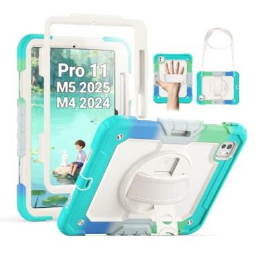 Imagem de SEYMAC Capa para iPad Pro de 11 polegadas 2024 (M4), capa protetora resistente à prova de choque com protetor de tela, suporte giratório de 360°, alça de mão/ombro e suporte de caneta para iPad Pro 11