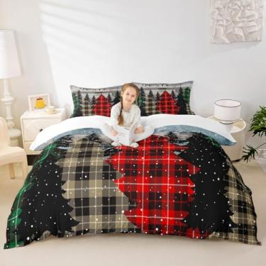 Imagem de Manfei Conjunto de capa de edredom infantil de pinheiro de Natal, tamanho Queen, conjunto de cama de Natal com grades geométricas, floco de neve, decoração de quarto de meninas, meninos, marrom