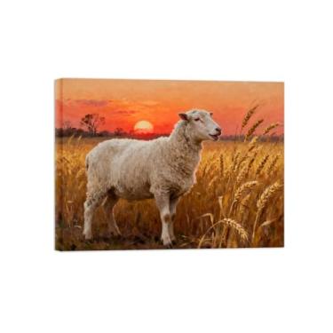 Imagem de Quadro parede outono-sol campo trigo ovelhas Impressões em tela paisagens-Pintura animais para decoração sala estar 60x80cm Tela Embrulhada