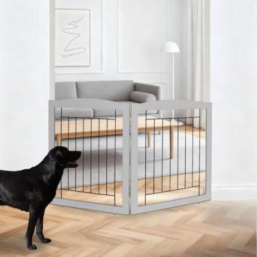 Imagem de ZJSF Portão de cachorro dobrável independente para casa, extralargo, de madeira, para filhotes, portão, portão para animais de estimação, cerca alta para cães, 2 painéis, cerca cinza