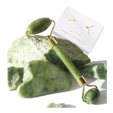 Imagem de Jade Roller Gua Sha Kit de ferramentas faciais e ferramentas de cuidados com a pele, presente de autocuidado para homens e mulheres (verde)