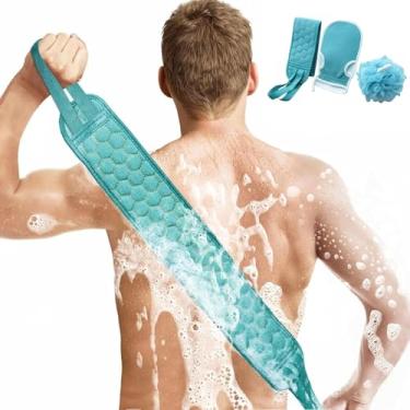 Imagem de 3 peças de esfregão traseiro com alças, luva de banho, buchas de chuveiro de esponja, toalha de banho dupla face para homens e mulheres (azul)