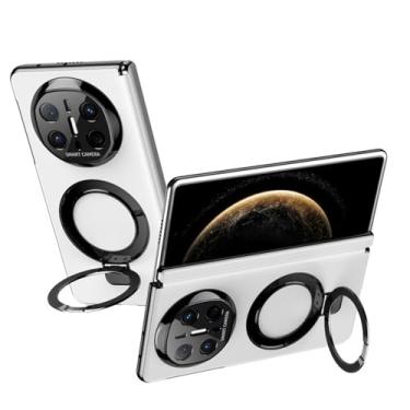 Imagem de HAOMRIYL Capa de couro para Huawei Mate X6, suporte de anel magnético, capa traseira de telefone, proteção completa da lente da câmera à prova de choque, capa de dobradiça, branca, Mate X6